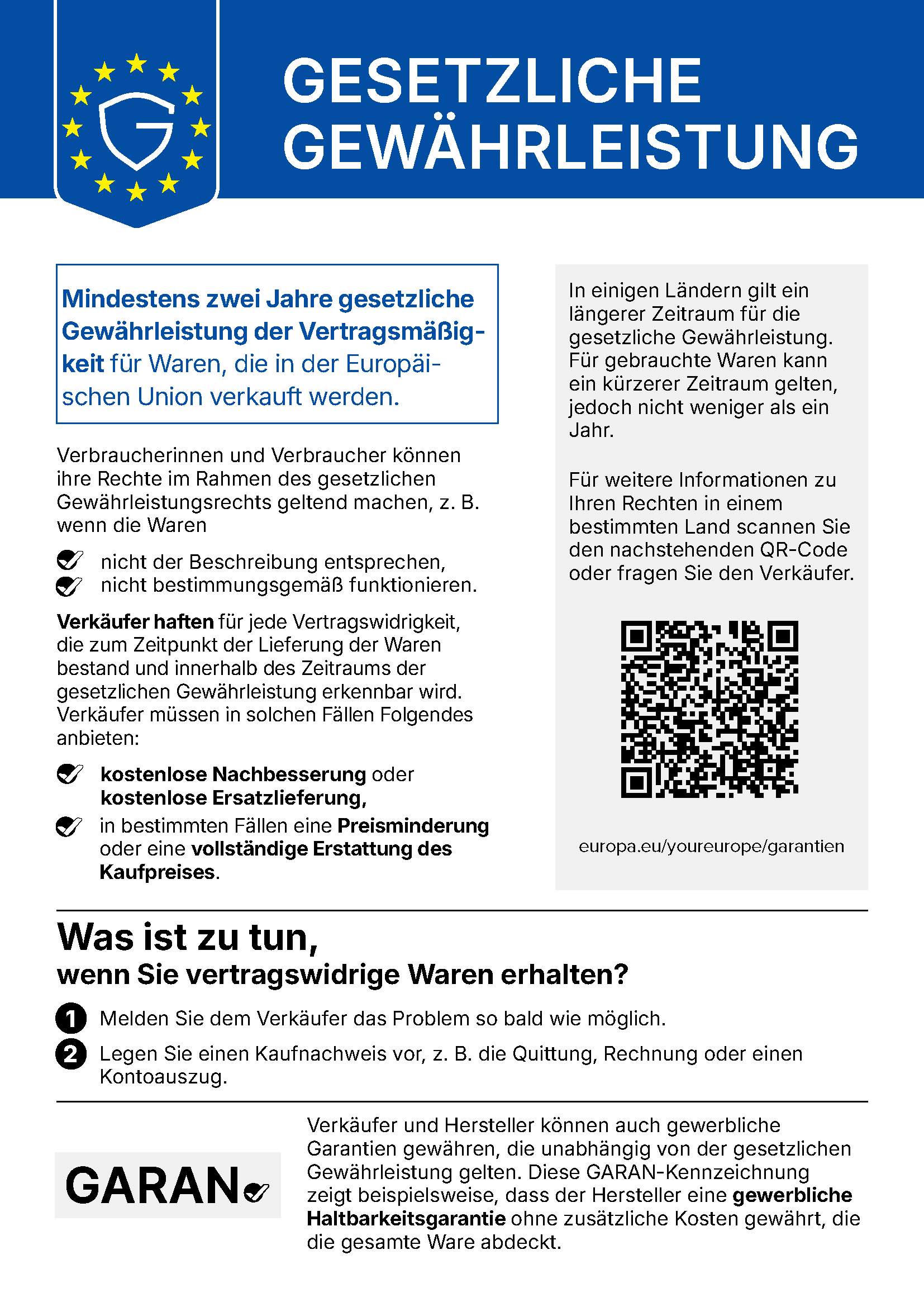 Offizielles EU-Gewährleistungslabel: gesetzliche Gewährleistung von 2 Jahren