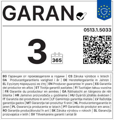 Garantie de durabilité du fabricant: 3 ans — Formex 0513.1.5033